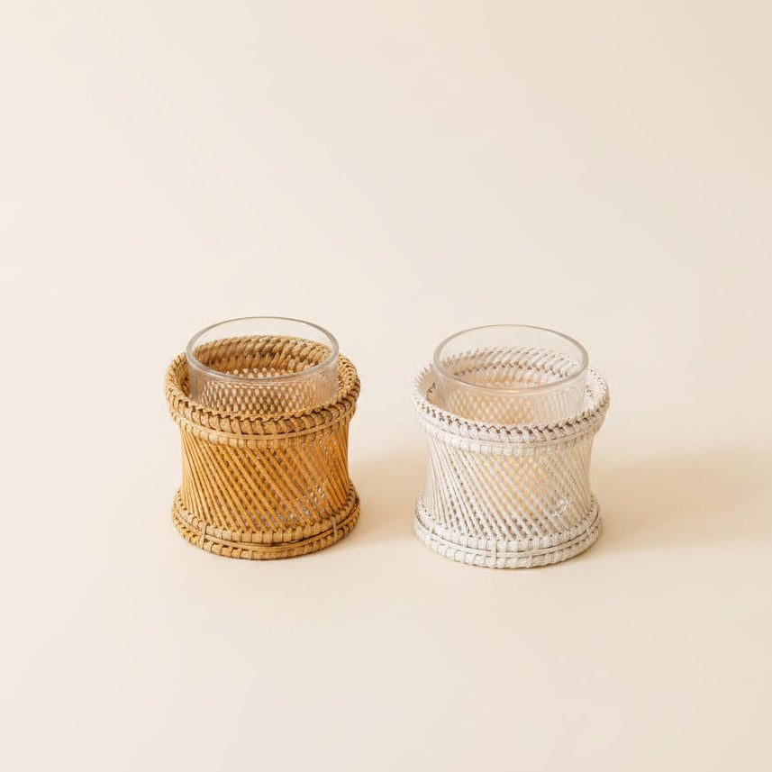 Rattan & Bamboo Cross-Weave Tea Light Holder with Glass Insert