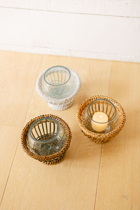Rattan Spherical Tea Light Holder with Glass