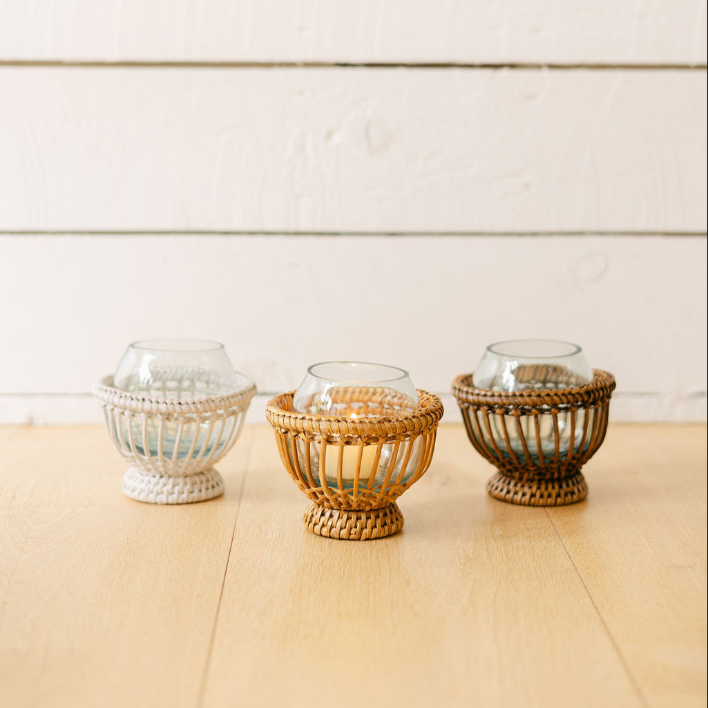 Rattan Spherical Tea Light Holder with Glass