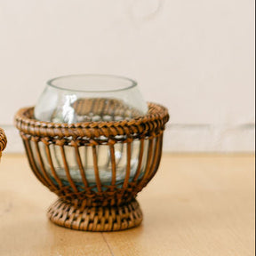 Rattan Spherical Tea Light Holder with Handblown Glass