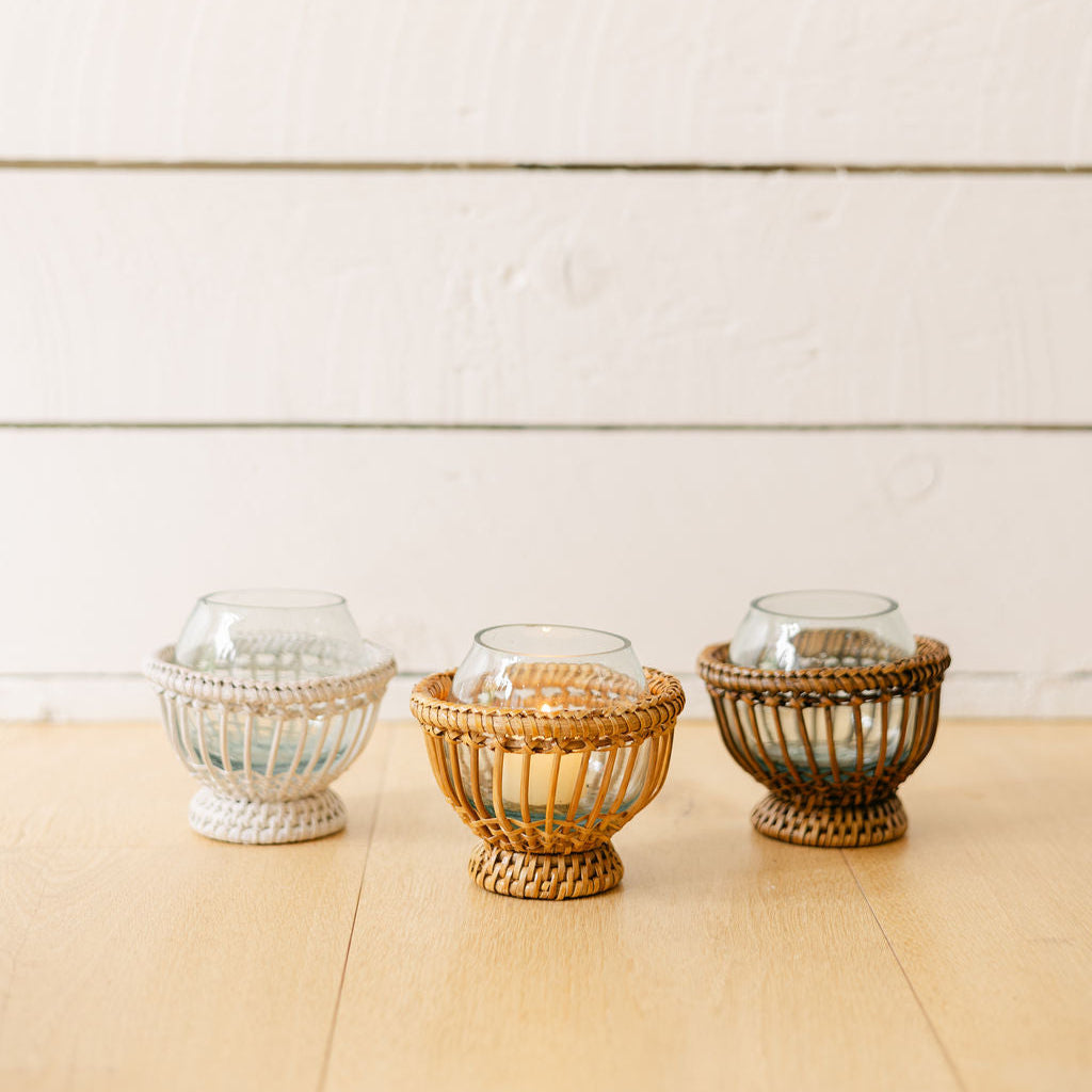 Rattan Spherical Tea Light Holder with Handblown Glass