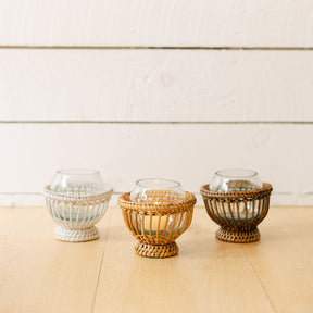 Rattan Spherical Tea Light Holder with Handblown Glass