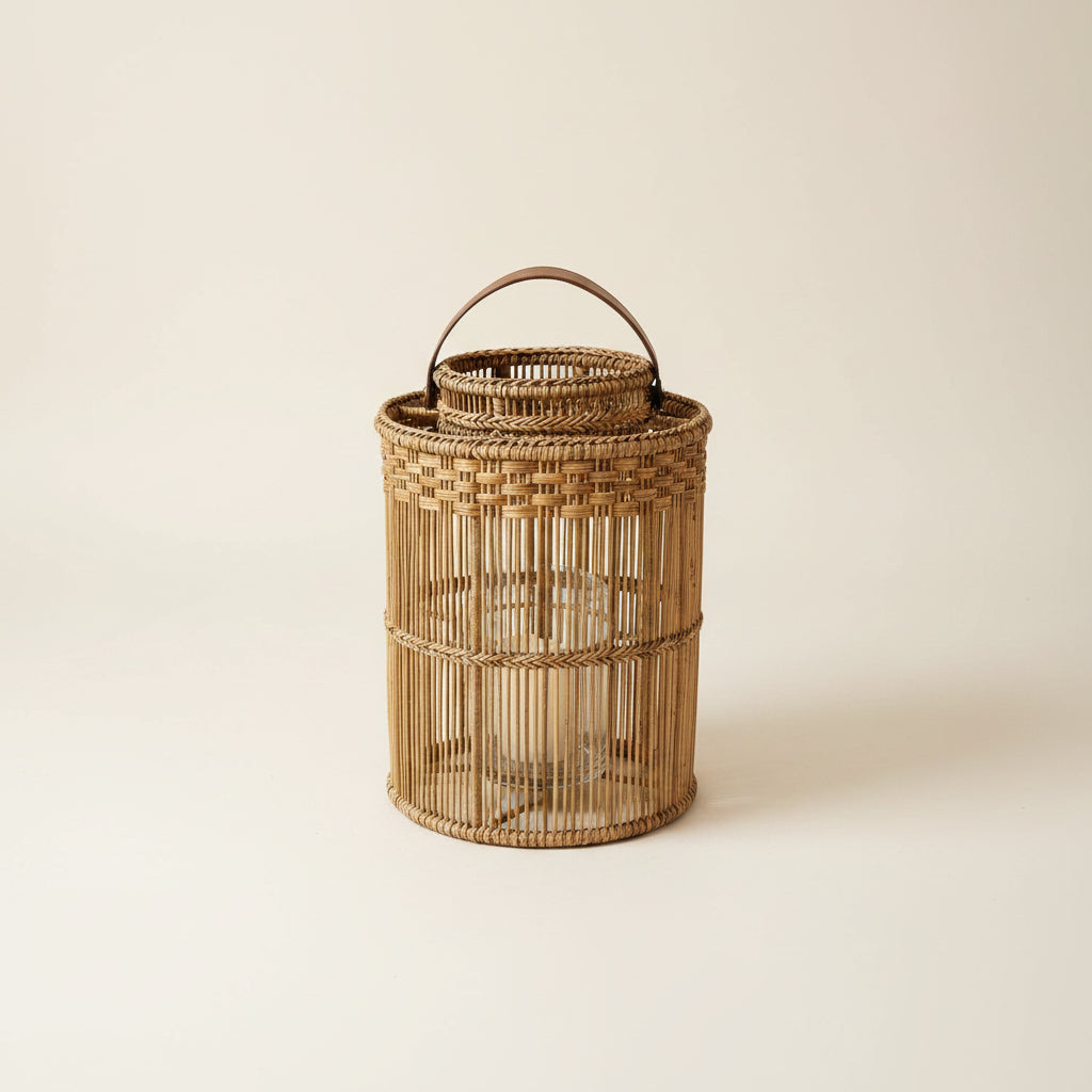 Round  Rattan Lantern with Glass Candle Holder