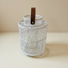 Rattan Lantern with Glass Candle Holder – White -Indoor