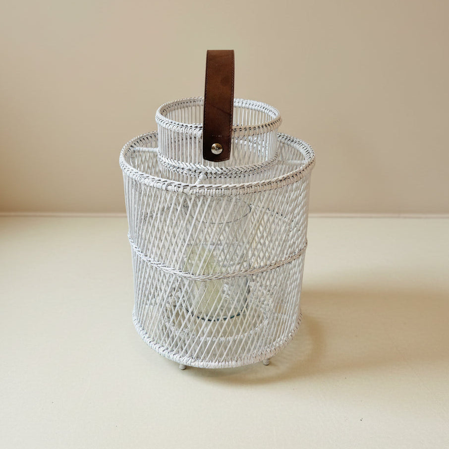 Rattan Lantern with Glass Candle Holder – White -Indoor