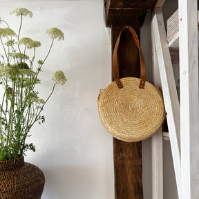 Round Straw Bag with Genuine Leather Handles