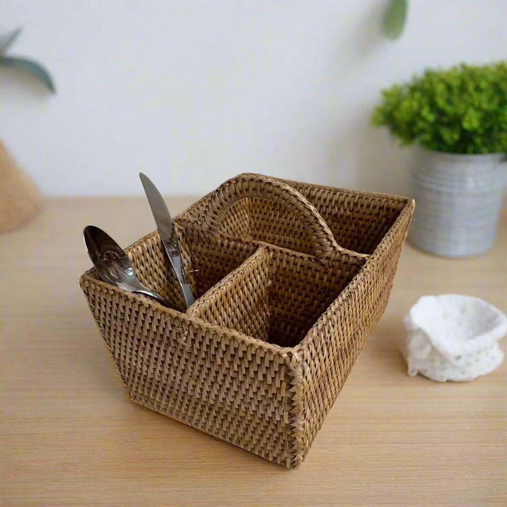 Rattan 3-Compartment Organiser Caddy/Condiment