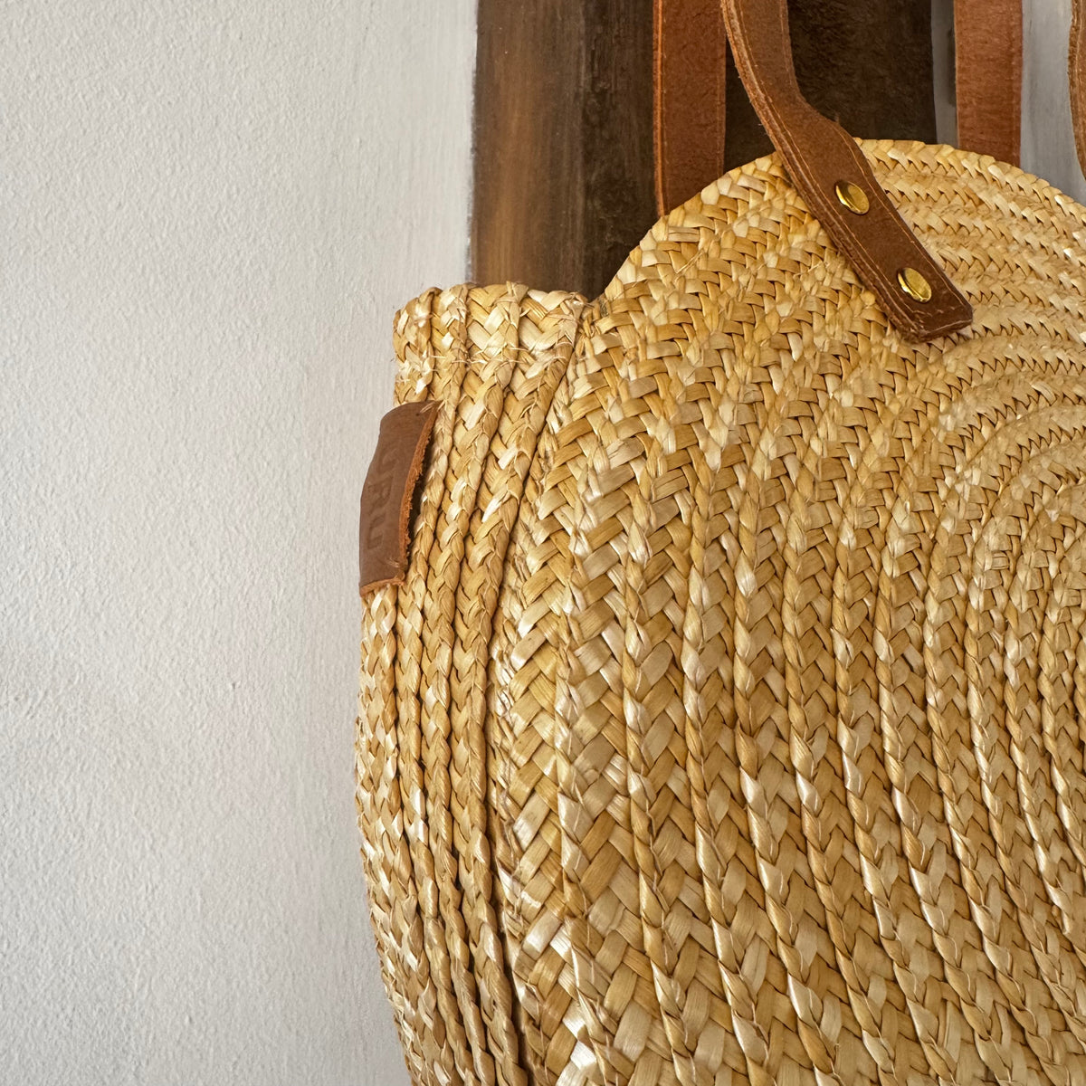 Round Straw Bag with Genuine Leather Handles