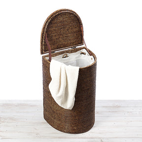 Rattan Lidded Half Moon Laundry Basket / Hamper with Fabric Liner