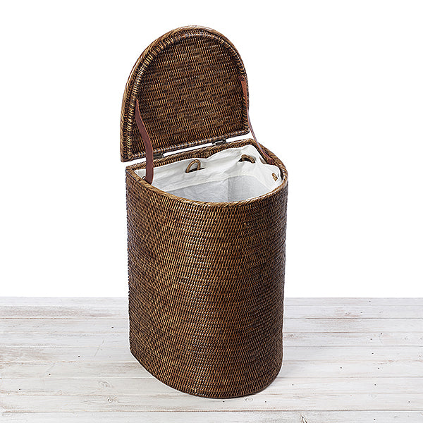 Rattan Lidded Half Moon Laundry Basket / Hamper with Fabric Liner