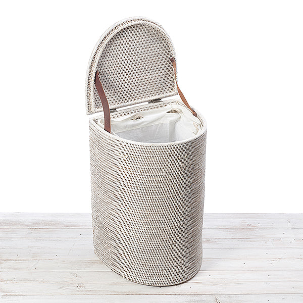 Rattan Lidded Half Moon Laundry Basket / Hamper with Fabric Liner