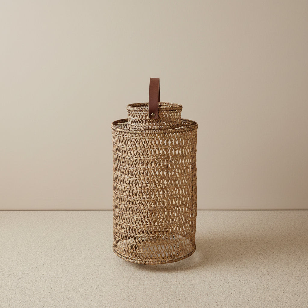 Handwoven Rattan Floor Lantern with Leather Handle – Natural Brown
