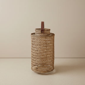 Handwoven Rattan Floor Lantern with Leather Handle – Natural Brown