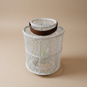 Rattan Lantern with Glass Candle Holder – White -Indoor