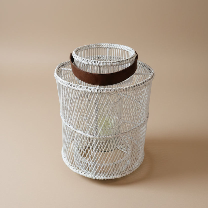 Rattan Lantern with Glass Candle Holder – White -Indoor