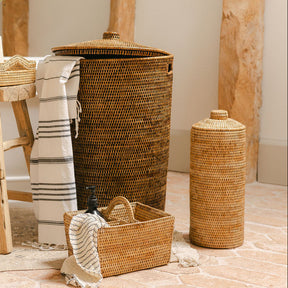 Rattan Tapered Laundry Basket / Hamper with Lid and Inset Handles