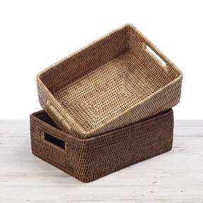 Rattan Short Rectangular Storage Basket with Insert Handles