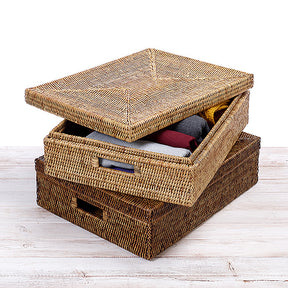 Rattan Lidded Wide Rectangular Storage Box with Insert Handles