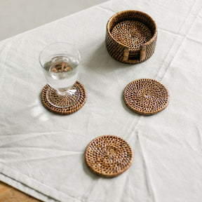 Rattan Round Coasters with Holder (Set of Six)