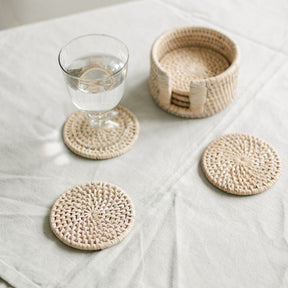 Rattan Round Coasters with Holder (Set of Six)