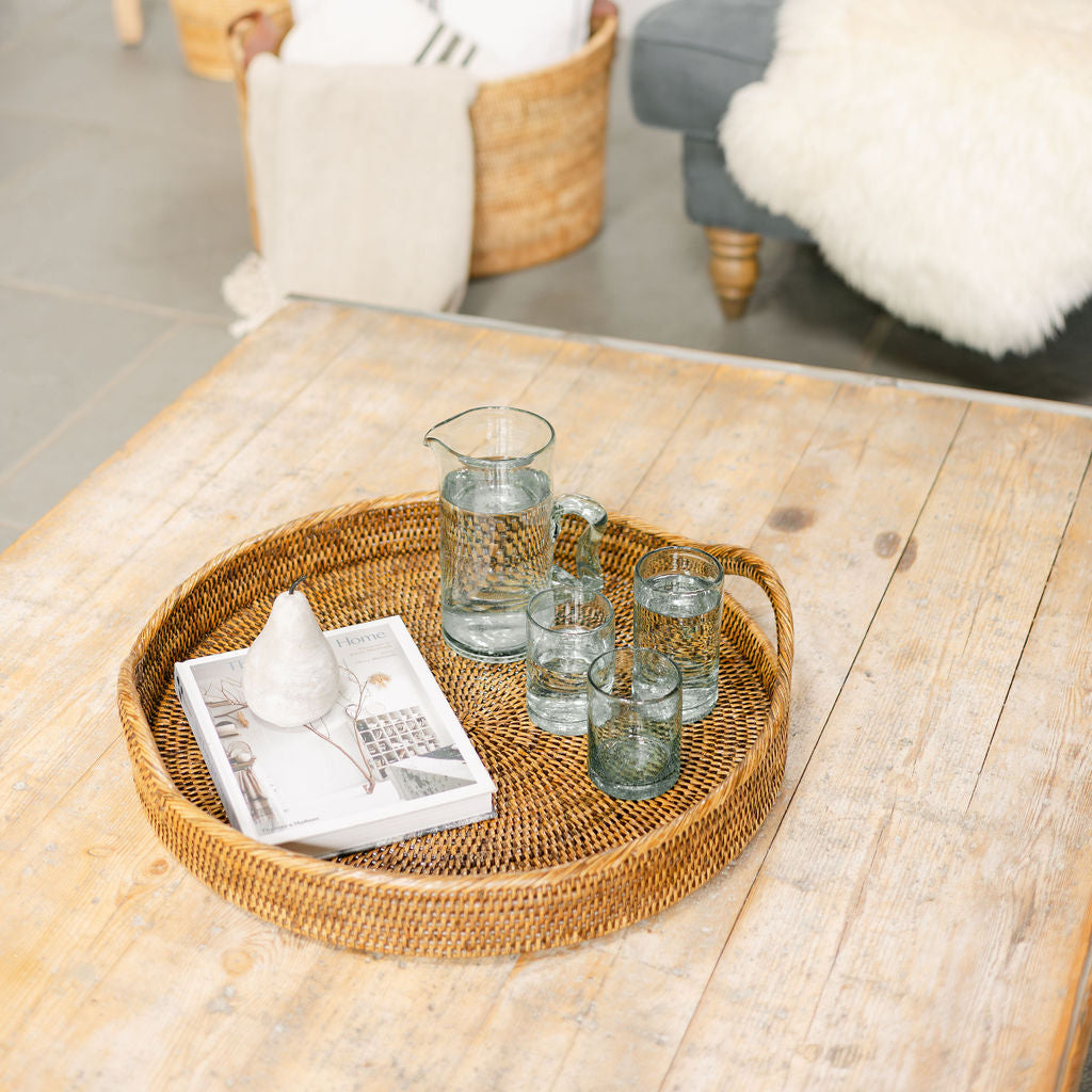 Rattan Large Round Serving Tray with Arch Handles