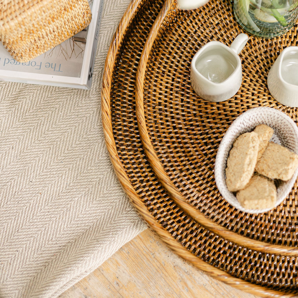 Rattan Large Round Serving Tray with Arch Handles