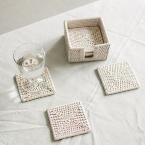 Rattan Square Coasters with Holder (Set of Six)