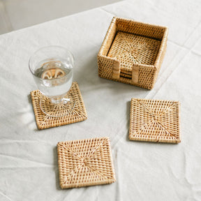 Rattan Square Coasters with Holder (Set of Six)