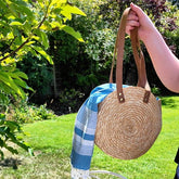 Round Straw Bag with Genuine Leather Handles