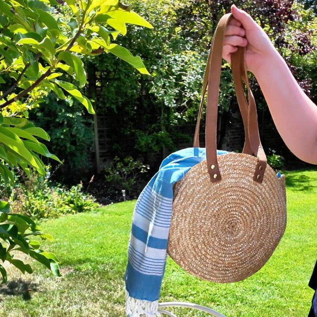 Round Straw Bag with Genuine Leather Handles