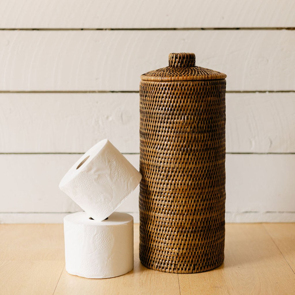 Rattan Cylinder Toilet Roll Holder With Knob Lid