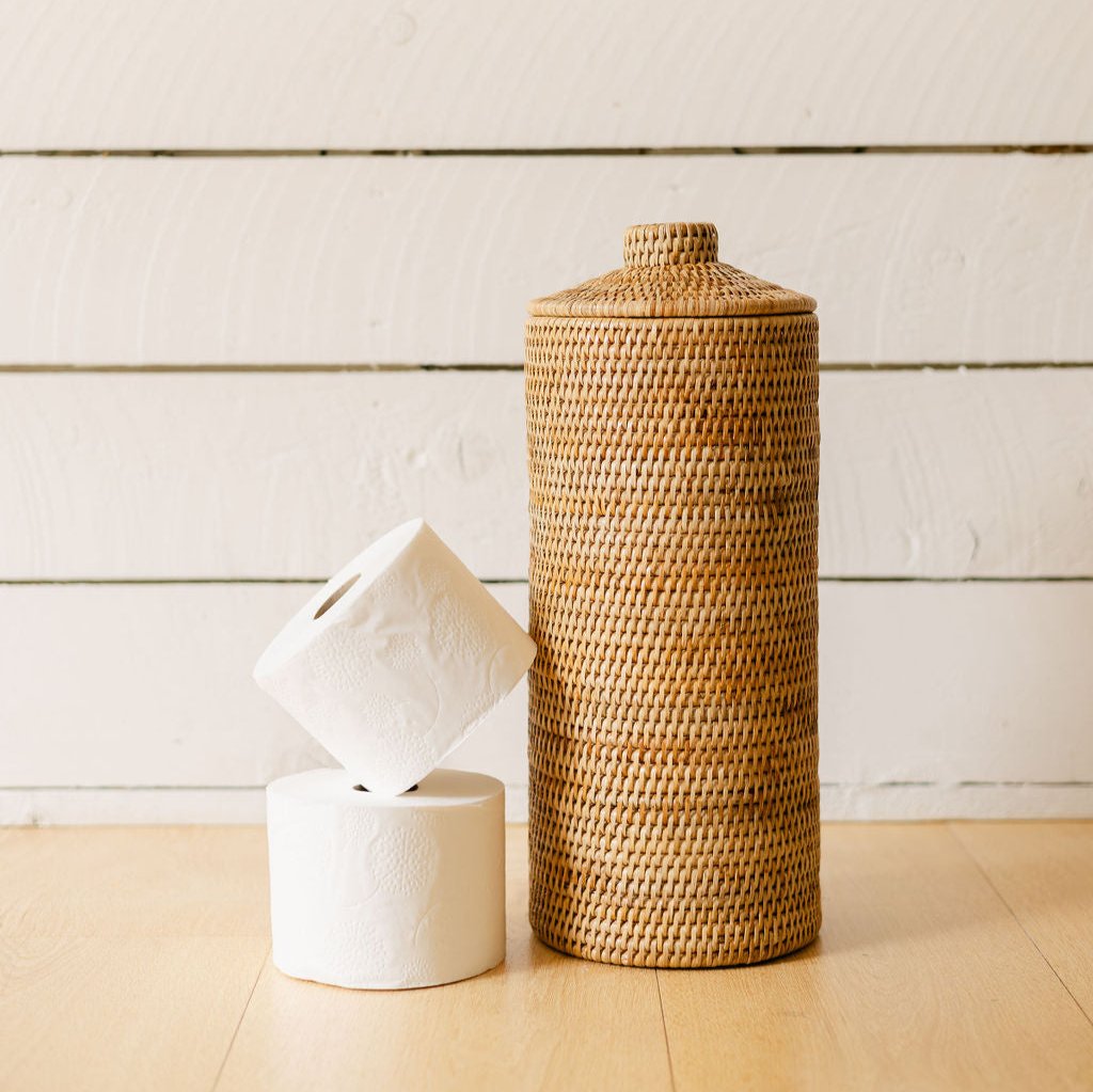 Rattan Cylinder Toilet Roll Holder With Knob Lid