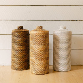 Rattan Cylinder Toilet Roll Holder With Knob Lid