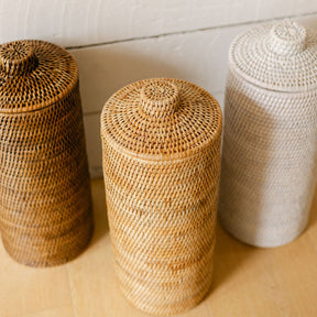 Rattan Cylinder Toilet Roll Holder With Knob Lid