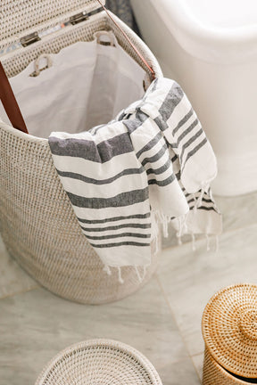 Rattan Lidded Half Moon Laundry Basket / Hamper with Fabric Liner