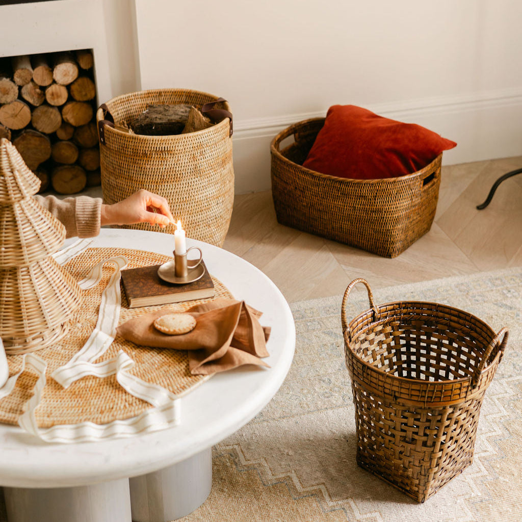 Bamboo Towel Drop Basket with Rattan Handle