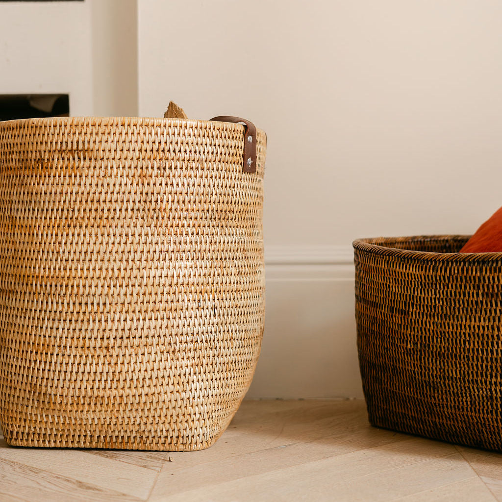 Rattan Tall Storage Basket with Leather Handles/ Log Basket