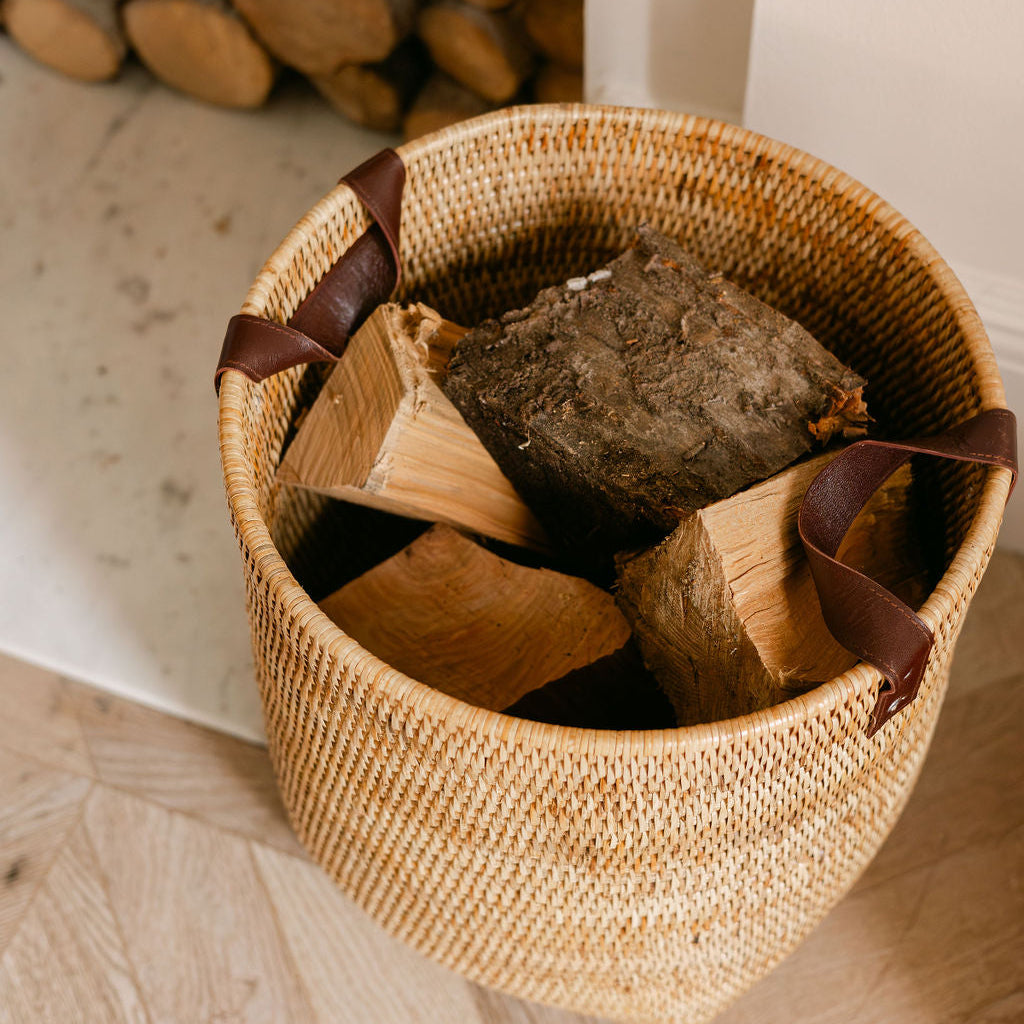 Rattan Tall Storage Basket with Leather Handles/ Log Basket