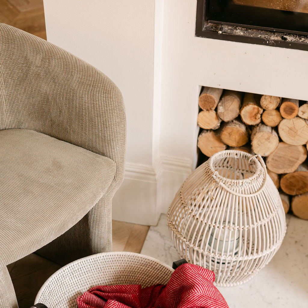 Rattan Large Spherical Lantern with Glass Candle Holder