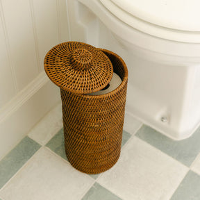 Rattan Cylinder Toilet Roll Holder With Knob Lid