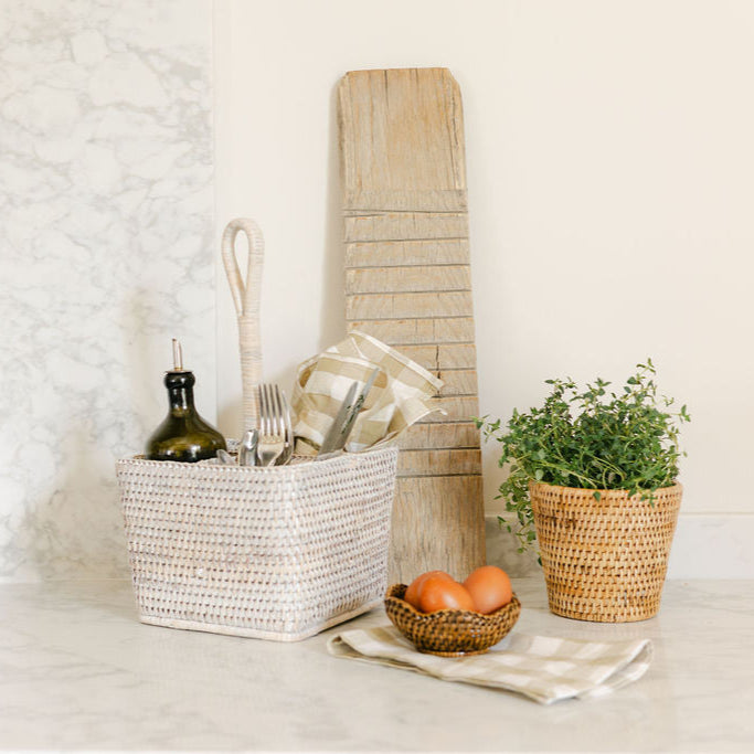 Handwoven Rattan Table Cutlery Caddy- Rattan Tall Condiment Holder