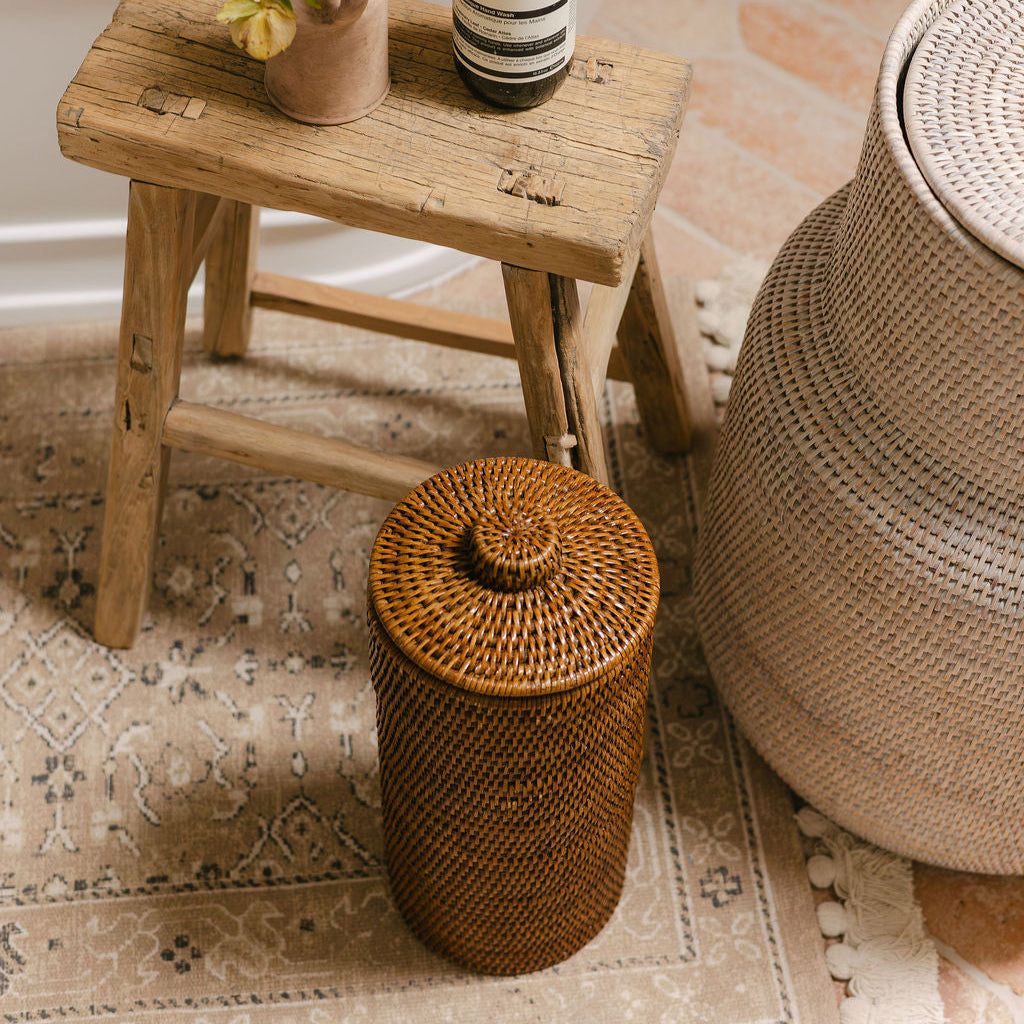 Rattan Cylinder Toilet Roll Holder With Knob Lid