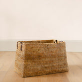 Rattan Tall Tapered Storage Basket with Leather Handles