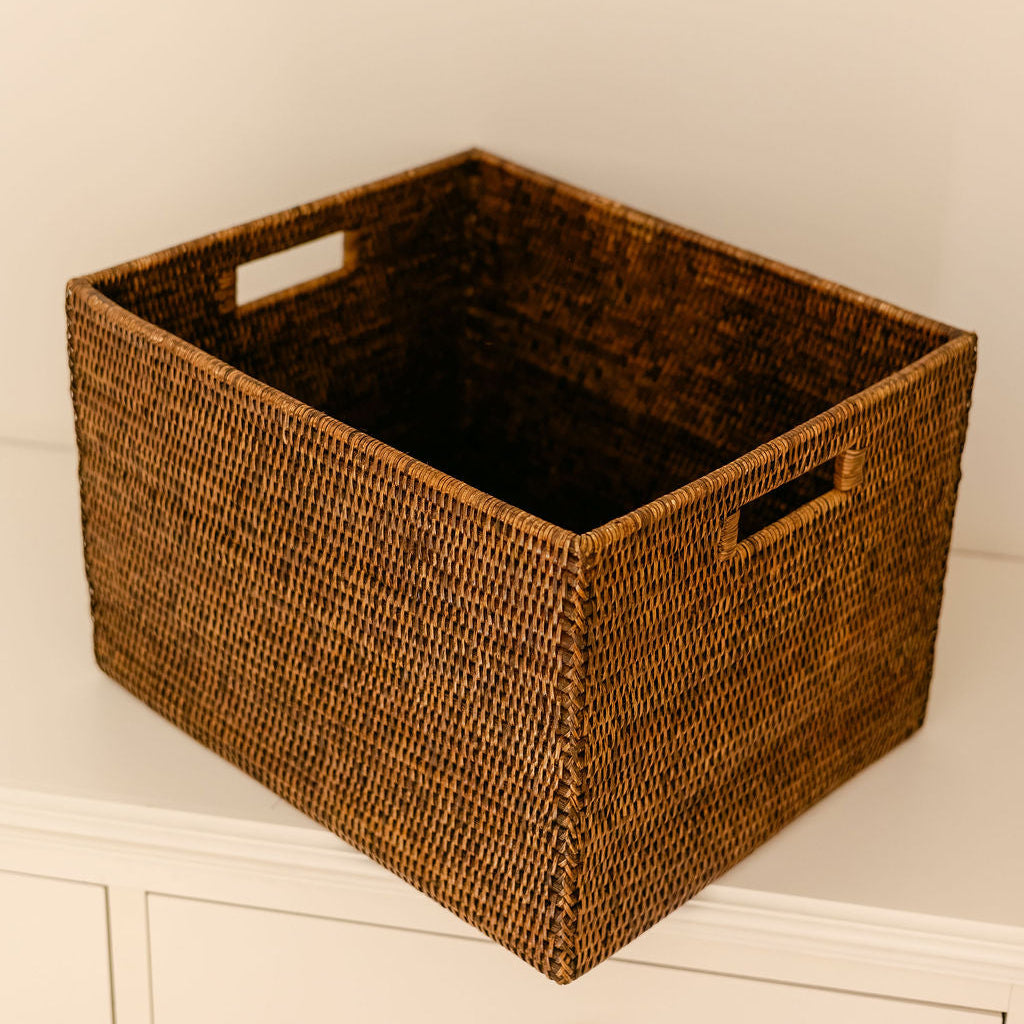 Mandalay Rectangular Rattan Storage Basket with inset Handles
