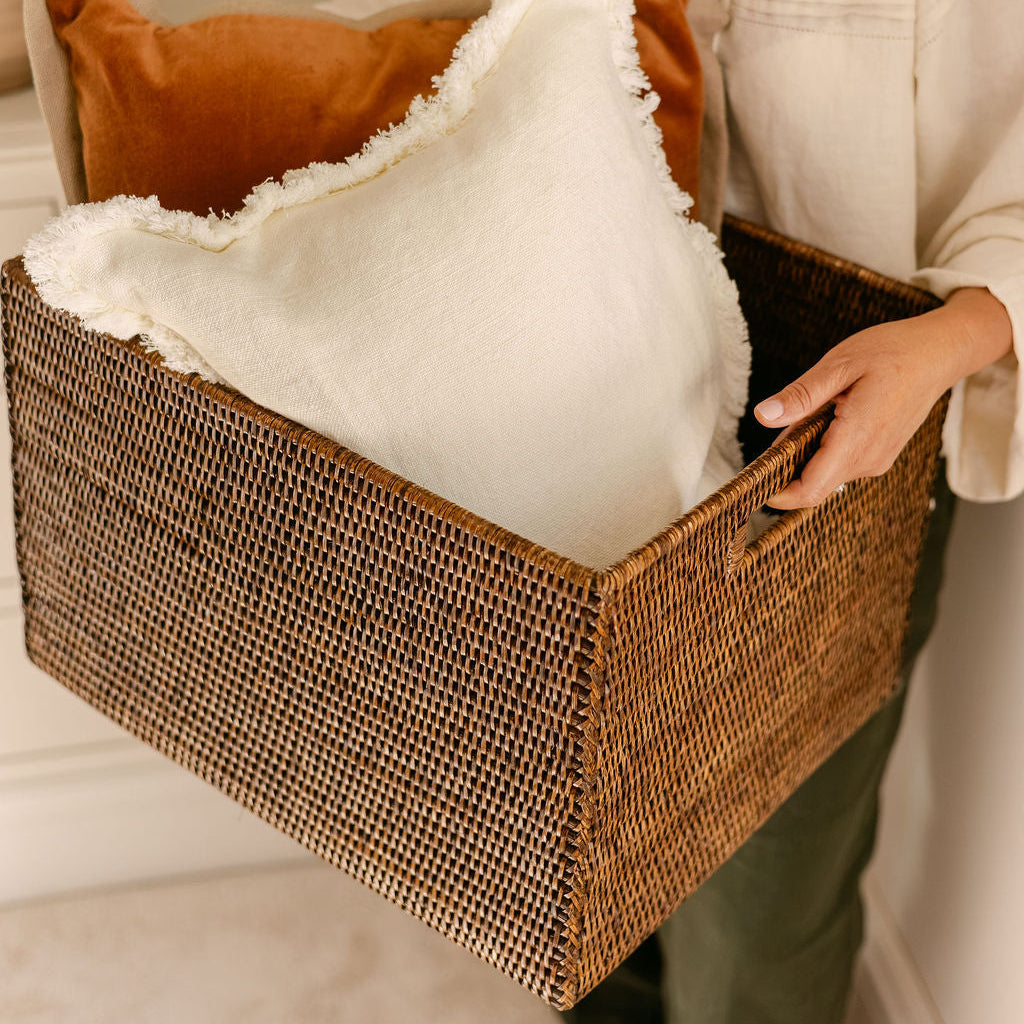 Mandalay Rectangular Rattan Storage Basket with inset Handles