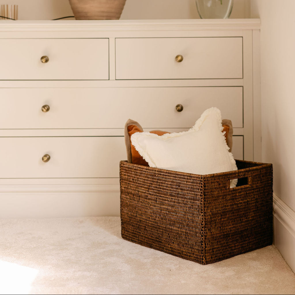 Mandalay Rectangular Rattan Storage Basket with inset Handles