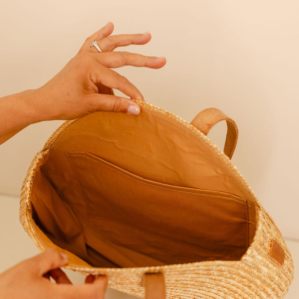 Round Woven Straw Shoulder Bag with Leather Handles