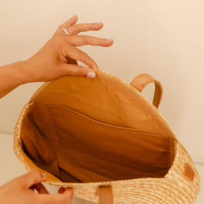 Round Woven Straw Shoulder Bag with Leather Handles