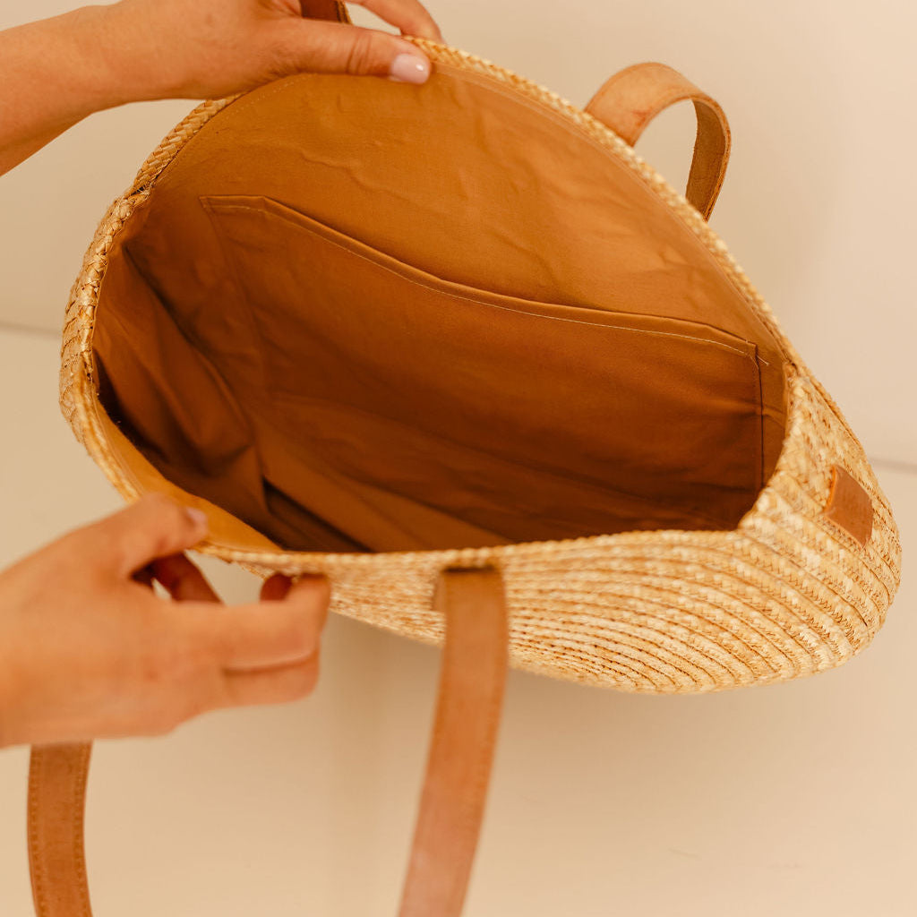 Round Woven Straw Shoulder Bag with Leather Handles