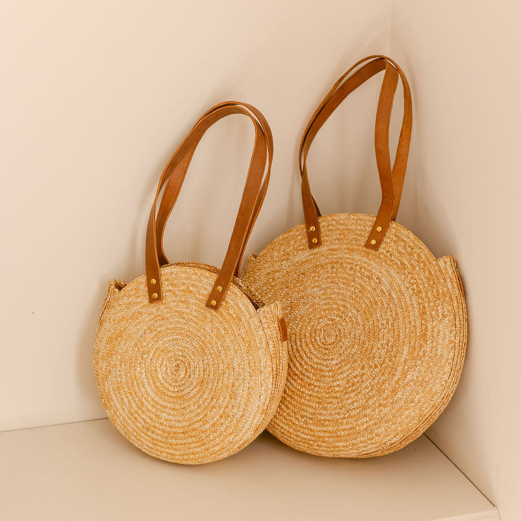 Round Woven Straw Shoulder Bag with Leather Handles